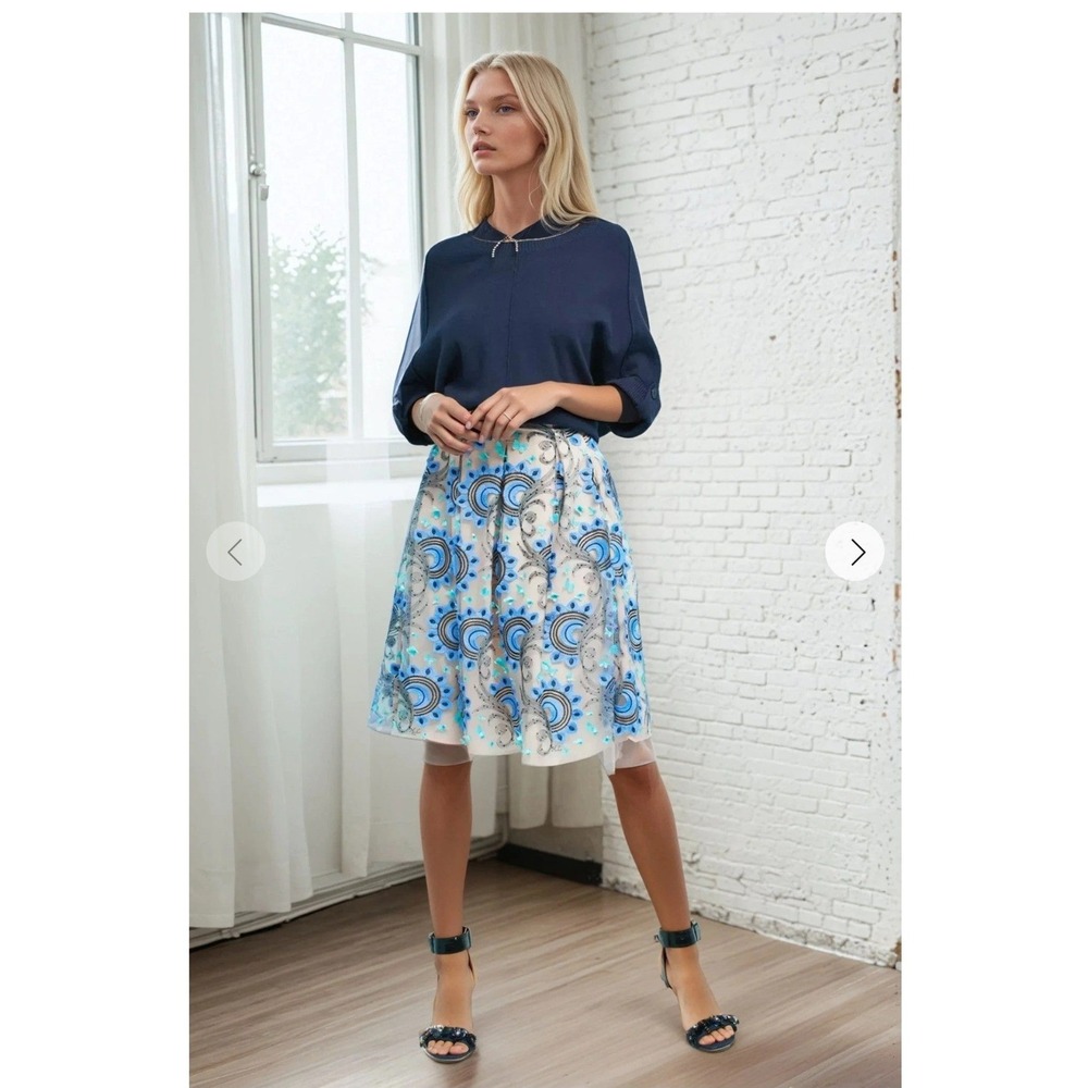 Eva Franco Anthropologie Blue Floral 3D Butterfly Embroidered Mesh A-Line Skirt